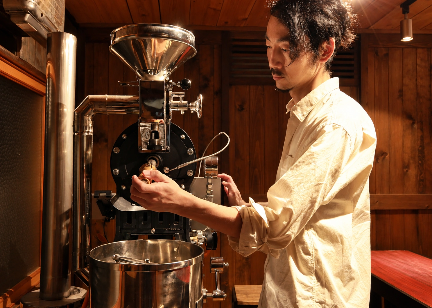 焙煎機のサンプラーで豆の変化を確かめるDONGREEの焙煎士